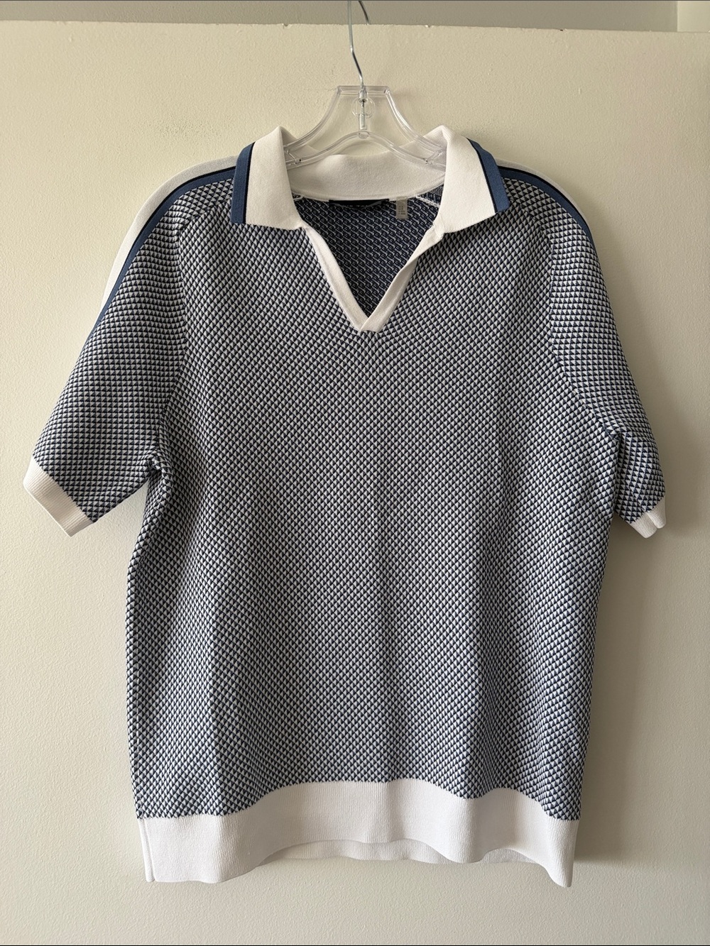 Elie Tahari Mens Knit Sweater Polo Shirt Small Blue White Johnny Collar Retro